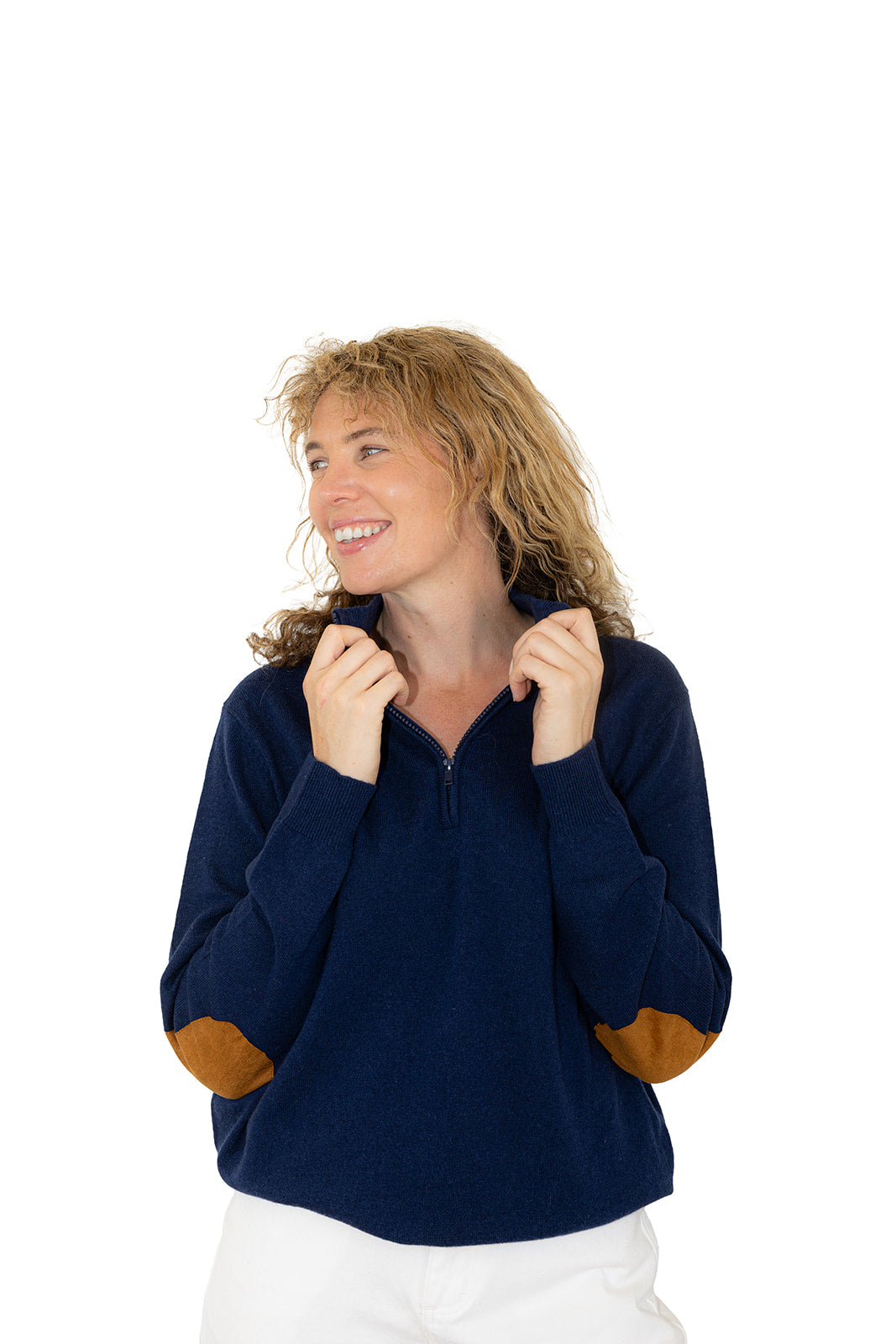 Ink Blue Unisex Zip Collar w Tan Elbow Patches