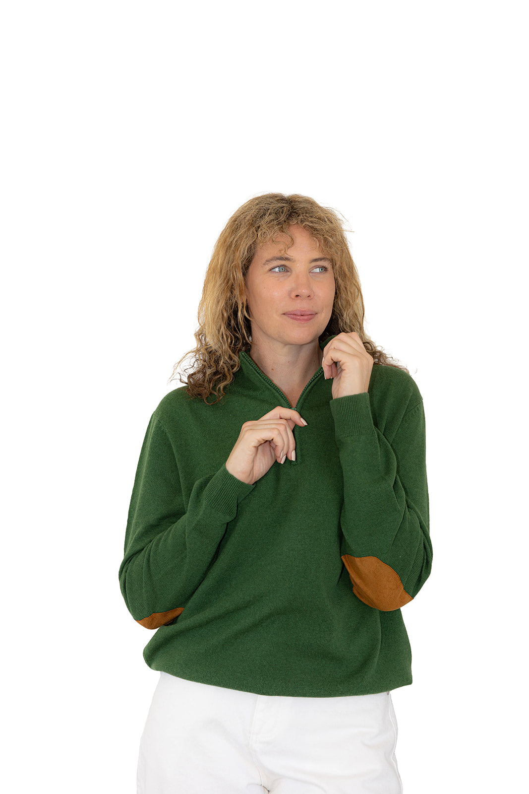 Green Unisex Zip Collar w Tan Elbow Patches