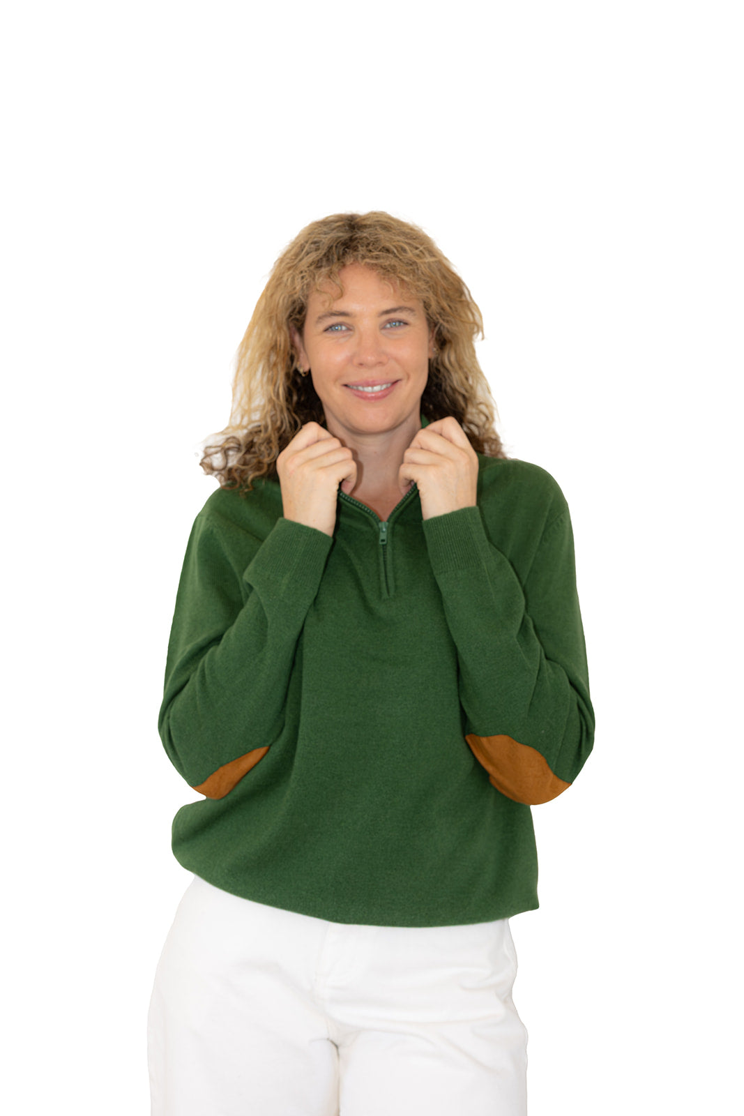 Green Unisex Zip Collar w Tan Elbow Patches