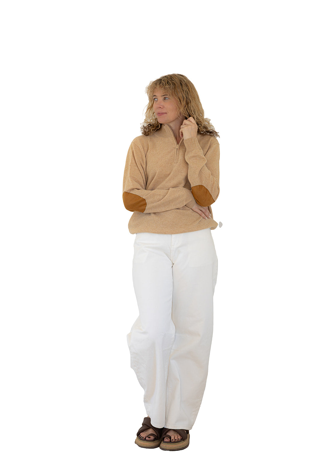 Latte Unisex Zip Collar w Tan Elbow Patches