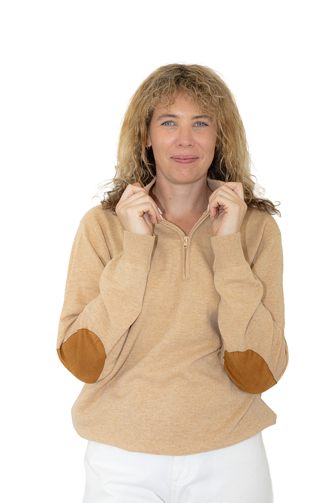 Latte Unisex Zip Collar w Tan Elbow Patches