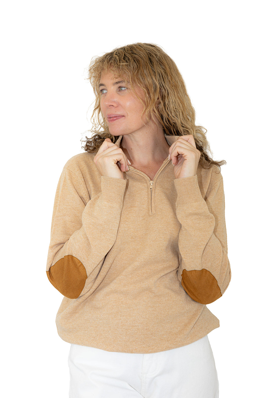 Latte Unisex Zip Collar w Tan Elbow Patches