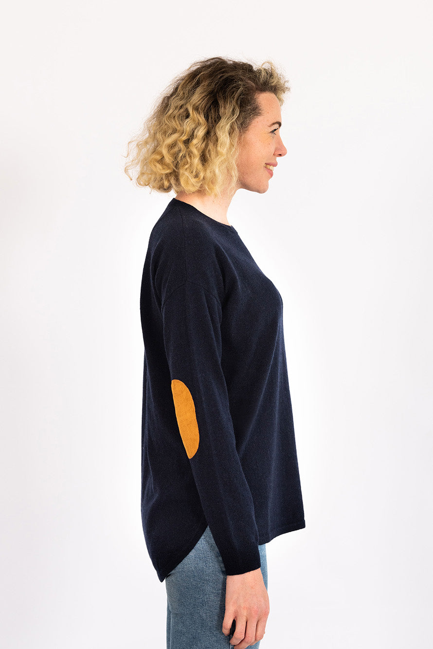 Navy Swing Jumper with Tan Patches