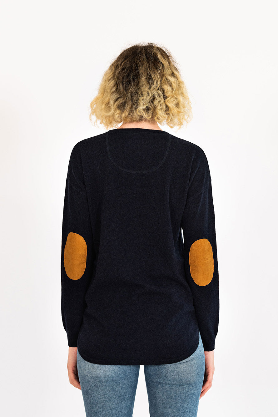 Navy Swing Jumper with Tan Patches Bow and Arrow