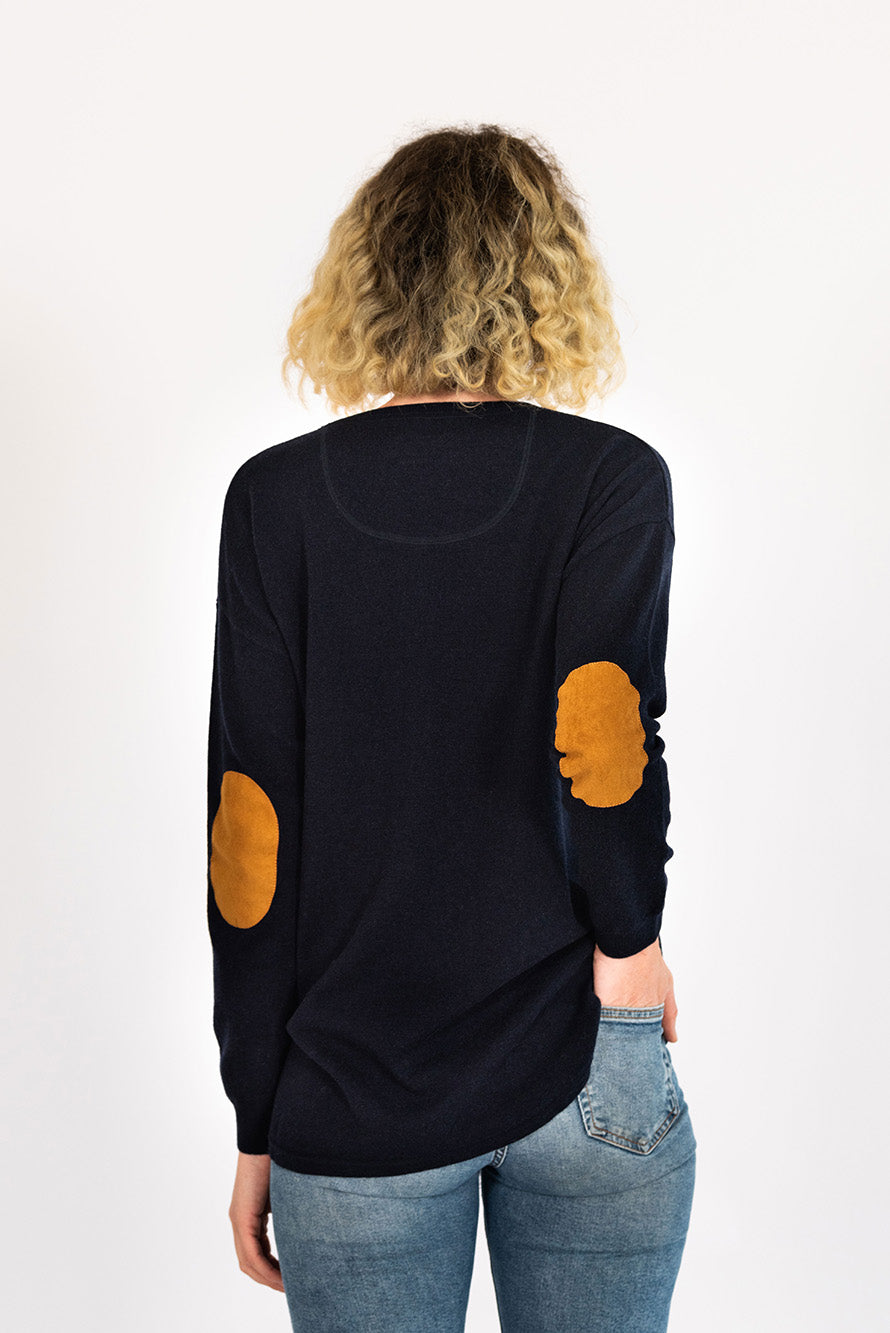 Navy Swing Jumper with Tan Patches