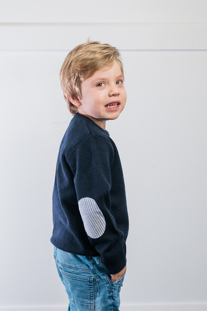 Navy Freddie Crew Neck Jumper with Blue and White Stripe Patches