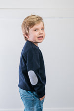 Load image into Gallery viewer, Navy Freddie Crew Neck Jumper with Blue and White Stripe Patches
